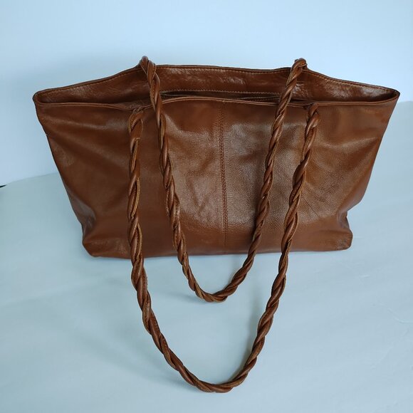 Latico Women's Brown Glossy Leather Tote Bag Purse With Braided Handles - Picture 1 of 16
